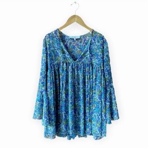 JEFF GALLANO LONG SLEEVE BABYDOLL SHEER PRINT BLOUSE